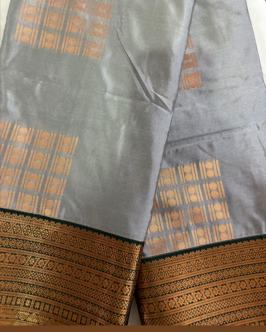 Elegant Silver-Grey Kanjivaram Silk Saree with Rich Zari Border