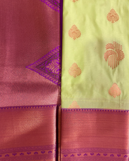 Elegant Lime Green Kanjivaram Silk Saree with Contrast Rani-Pink Zari Border