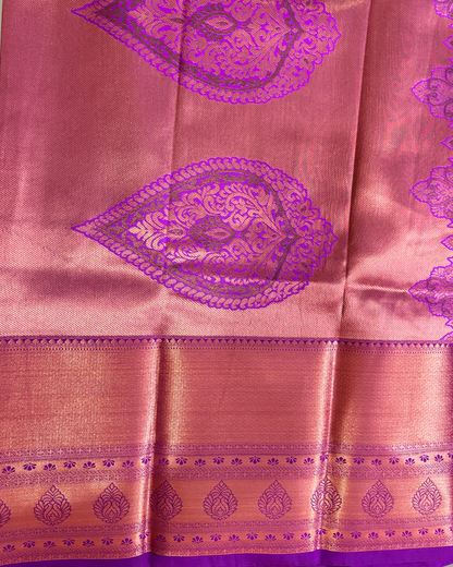 Elegant Lime Green Kanjivaram Silk Saree with Contrast Rani-Pink Zari Border