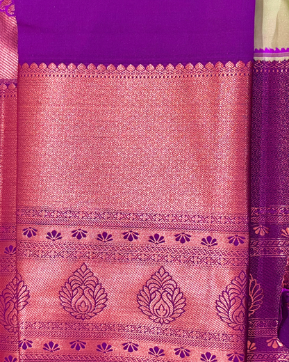 Elegant Lime Green Kanjivaram Silk Saree with Contrast Rani-Pink Zari Border