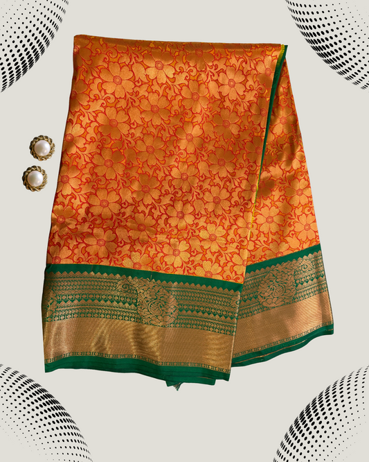 Radiant Mustard Yellow & Emerald Green Banarasi Silk Saree with Floral and Peacock Zari Work