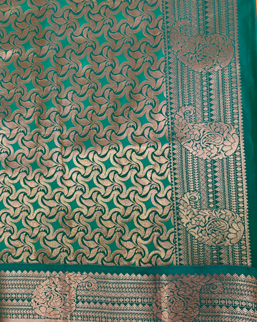 Radiant Mustard Yellow & Emerald Green Banarasi Silk Saree with Floral and Peacock Zari Work