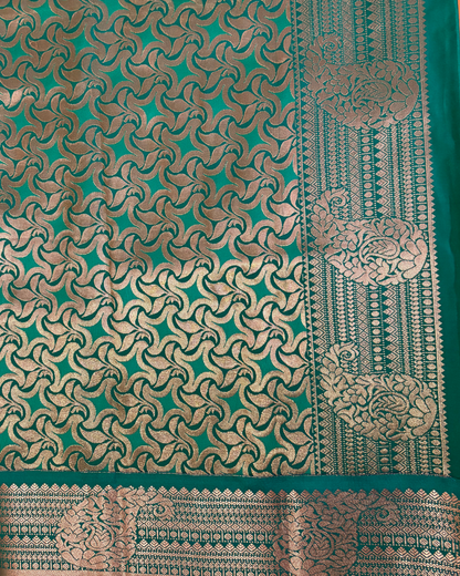 Radiant Mustard Yellow & Emerald Green Banarasi Silk Saree with Floral and Peacock Zari Work