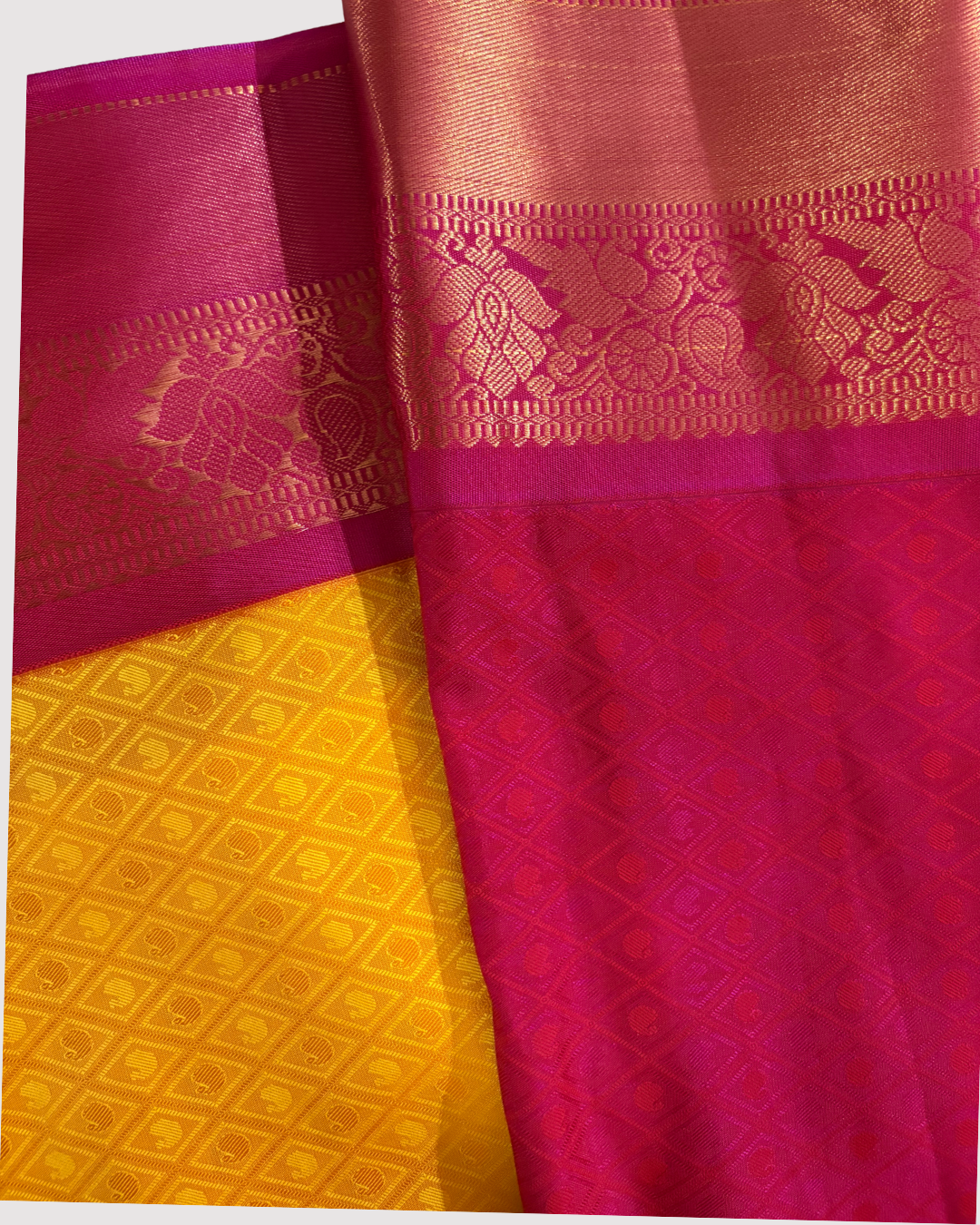 Sunshine Radiance: Yellow & Magenta Kanjivaram Saree with Rich Zari Weave