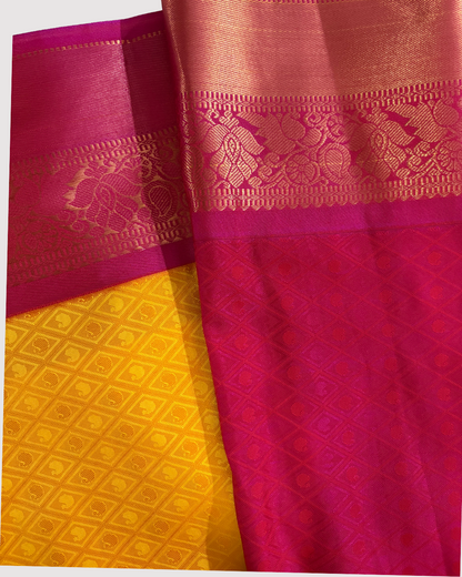 Sunshine Radiance: Yellow & Magenta Kanjivaram Saree with Rich Zari Weave
