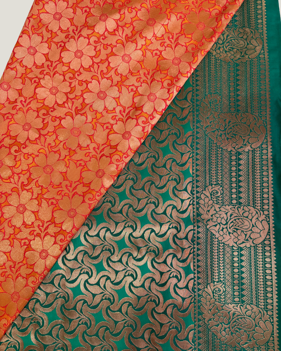 Radiant Mustard Yellow & Emerald Green Banarasi Silk Saree with Floral and Peacock Zari Work